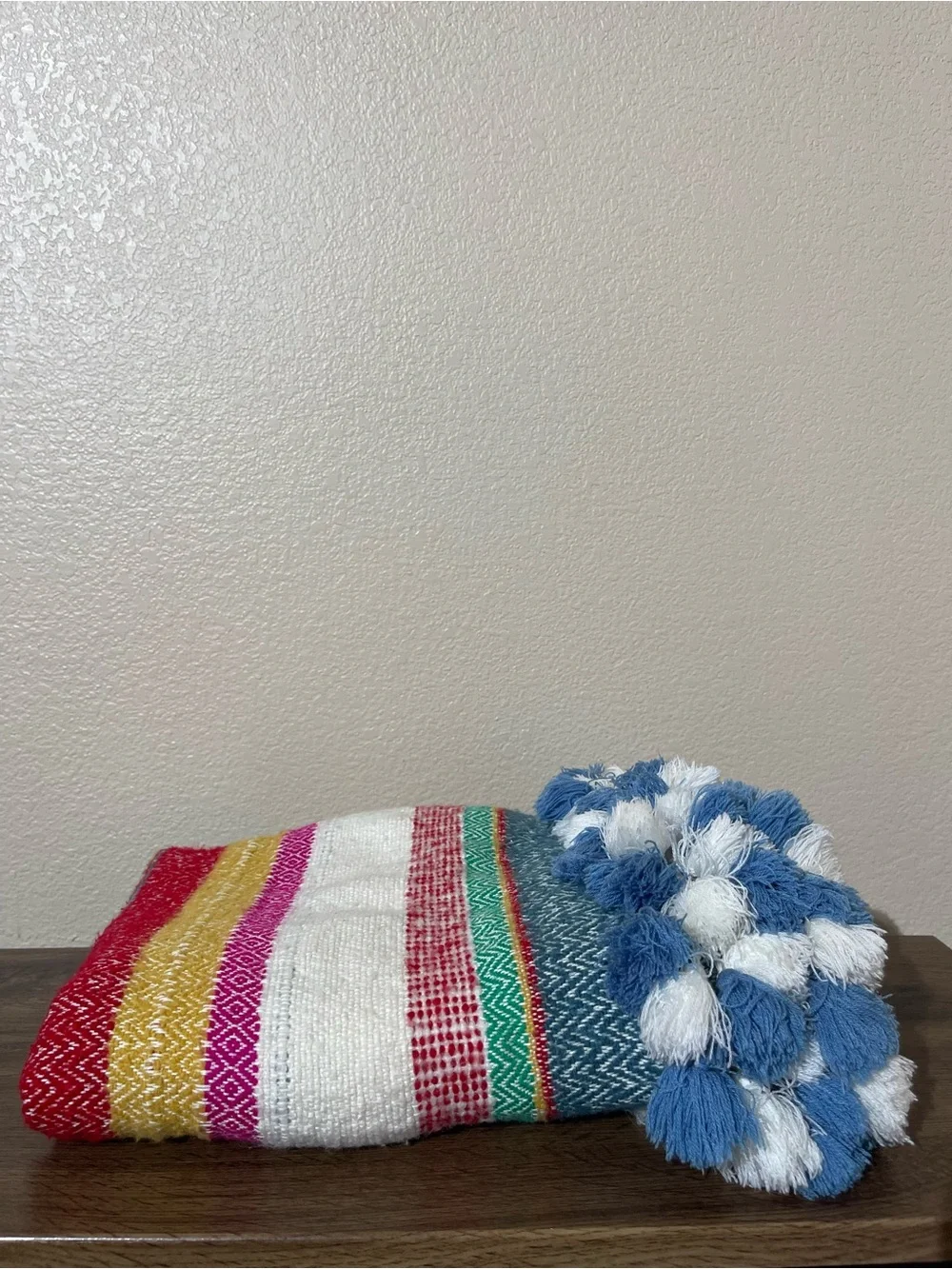 Anthropologie White Woven Throw with Multicolor Stripes and Tassels - Picture 2 of 4